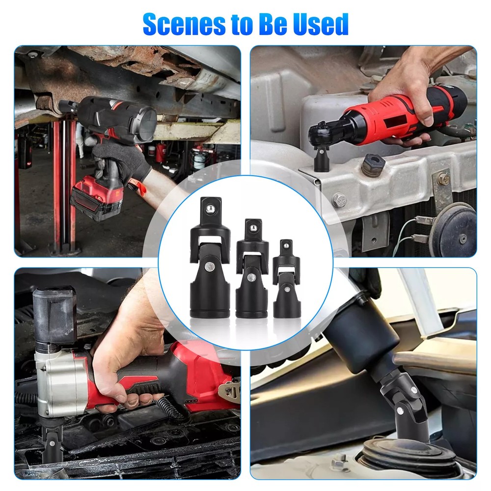 3Pcs 1/4" 3/8" 1/2" Drive Impact Joint Universal Joint Swivel Socket Adapter Set