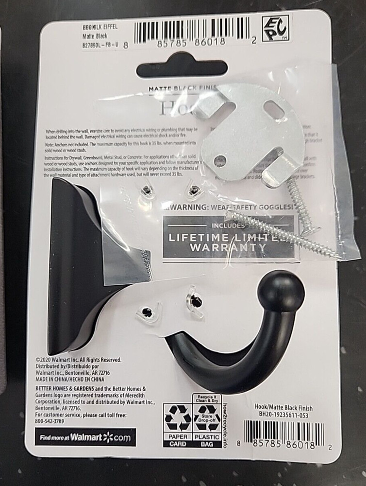 Better Homes & Gardens Eiffel Hook Metal Matte Black