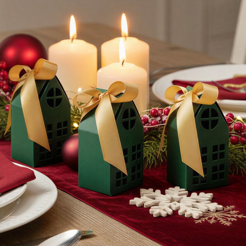 Wrapables Festive Christmas House Shaped Gift Boxes with Ribbons