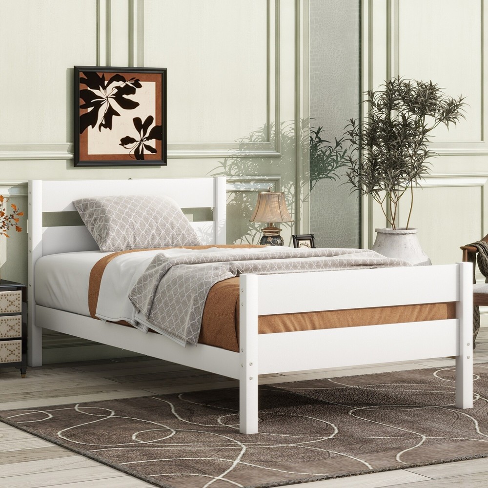 Twin Size Bed Frame Wooden Platform Bed Frame w/ Headboard White/Espresso