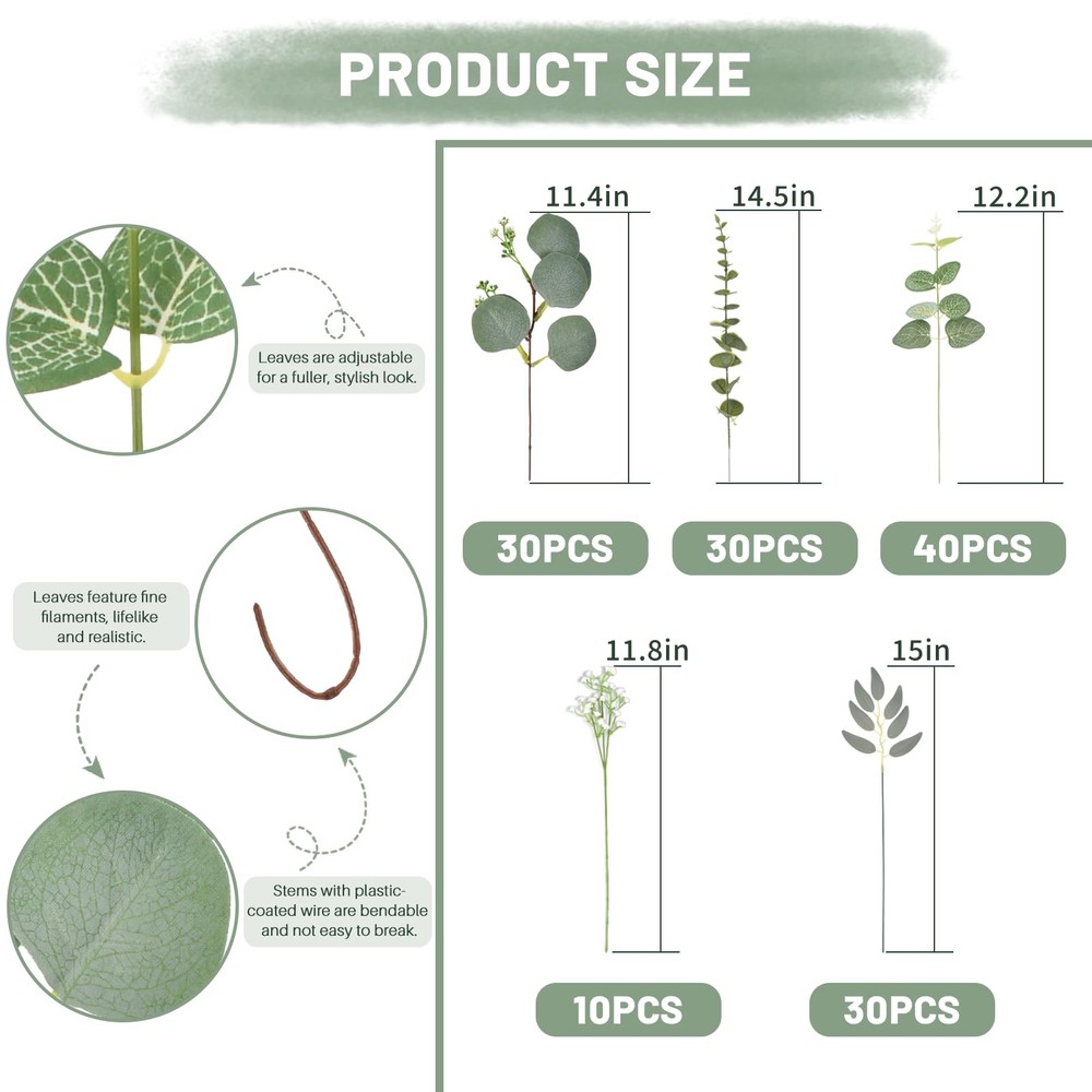 140 Pcs Mixed Eucalyptus Stems, 5 Kinds Artificial Greenery Stems Bulk, Fake ...