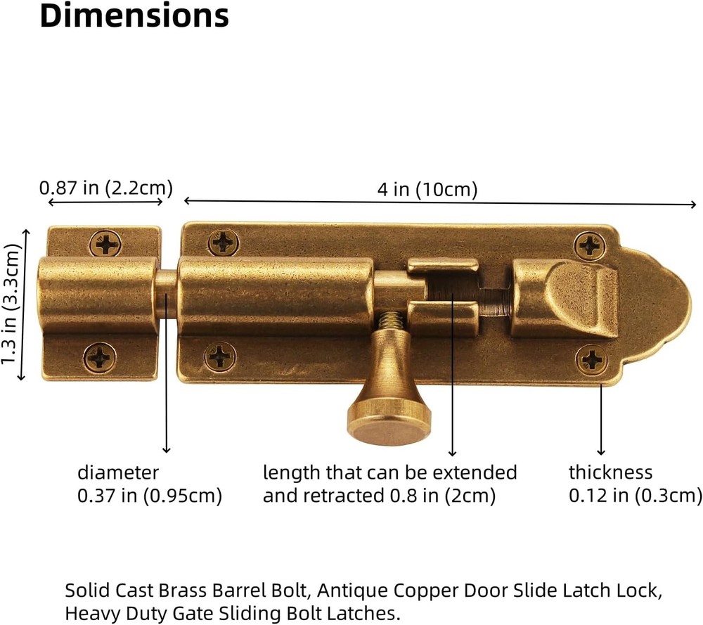 Solid Cast Brass Barrel Bolt, Antique Door Slide Latch Lock, Bronze
