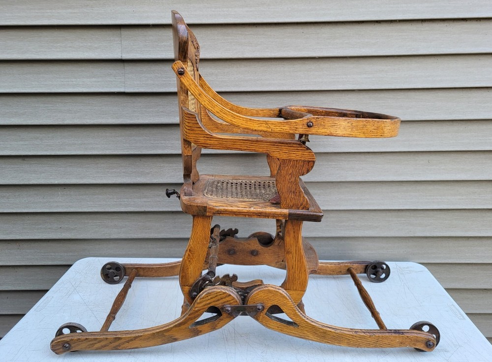 Antique Oak Folding High Chair Rocker Stroller Combination c1900