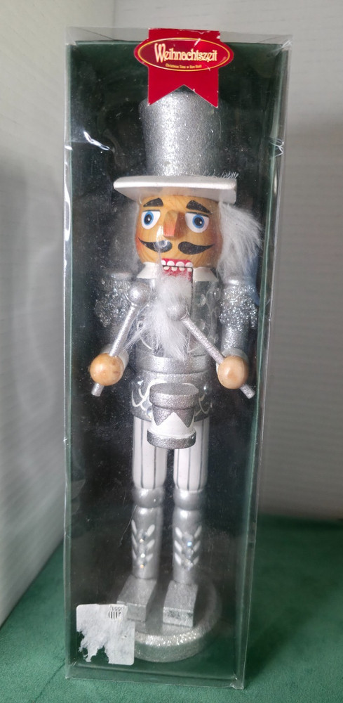 Silver & White Drummer Nutcracker – 10" – Glitter & Rhinestones – Boxed