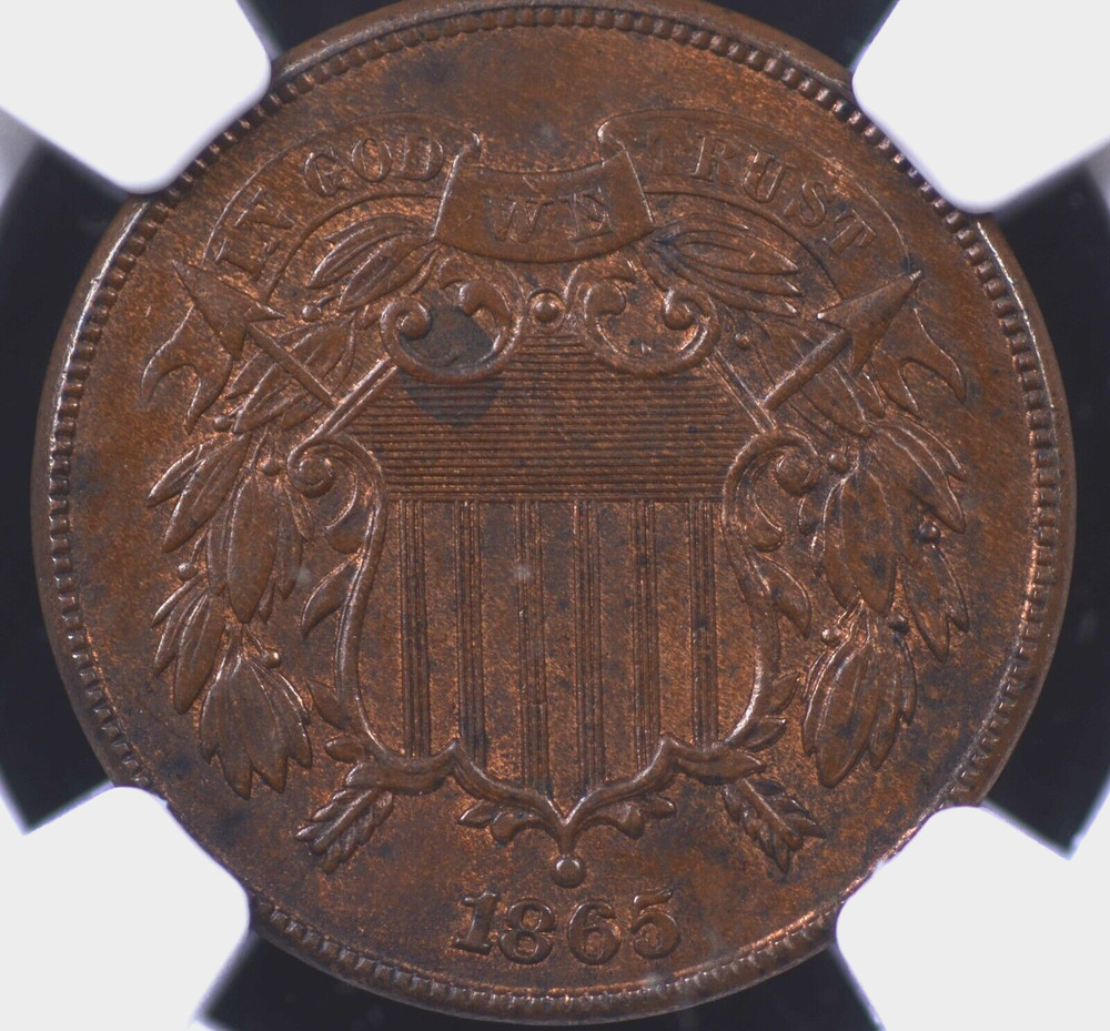 1865 TWO CENT PIECE NGC MS 62 BN PLEASING MEDIUM BROWN WITH SOME NICE MINT GLOW