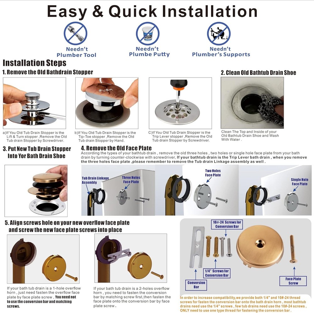 Champagne Bronze Universal Tub Drain Tip Toe Tub Conversion Kit Assembly