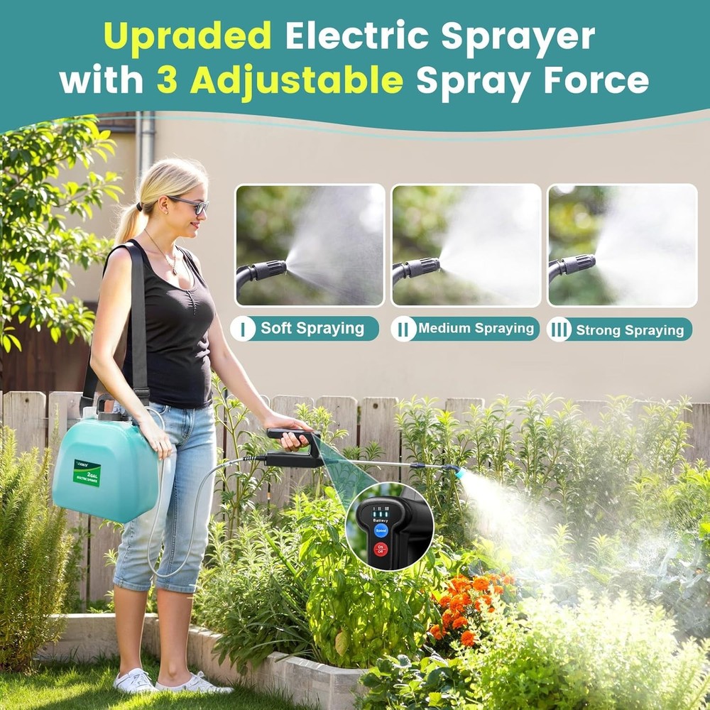 Battery Powered Sprayer 2 Gallon, 2025 Upgrade Electric Sprayer with 3 Adjustabl