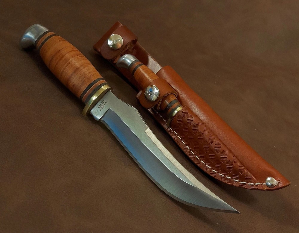 Marbles 2 Fixed Blade Stacked Leather Handle Hunting Set w/Dual Leather Sheath