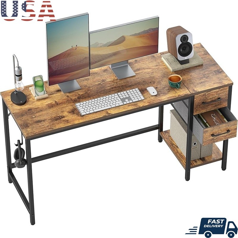 Reversible Small Computer Desk W/ Ample Storage & Easy Assembly Drawers New