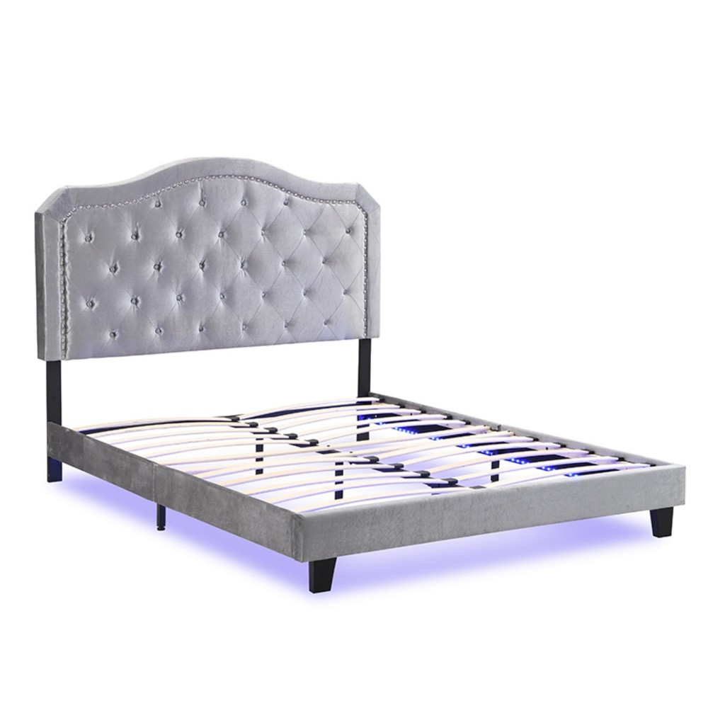 Queen Size Bed Frame Upholstered Platform Bed w/ LED Lights Black/Light Gray