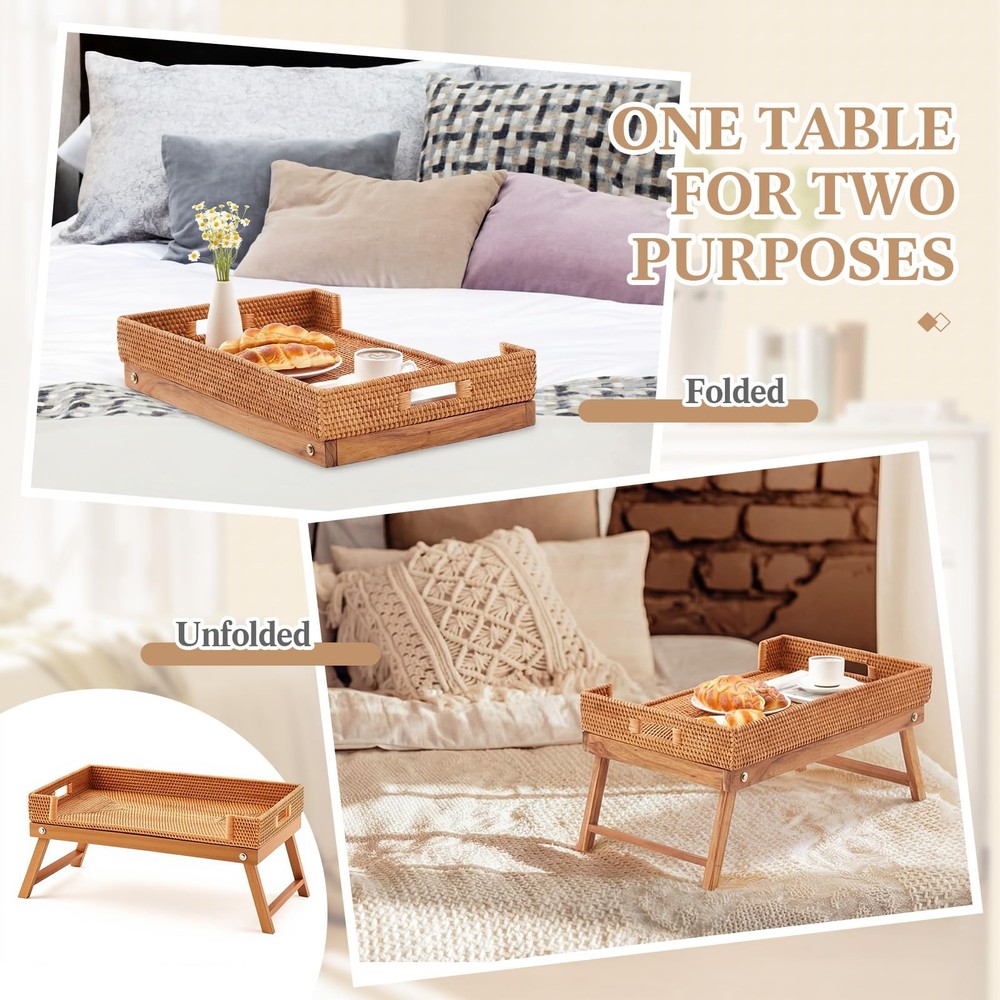 Rattan Breakfast Table Tray with Foldable Legs Rectangular Butler Snack Servi...