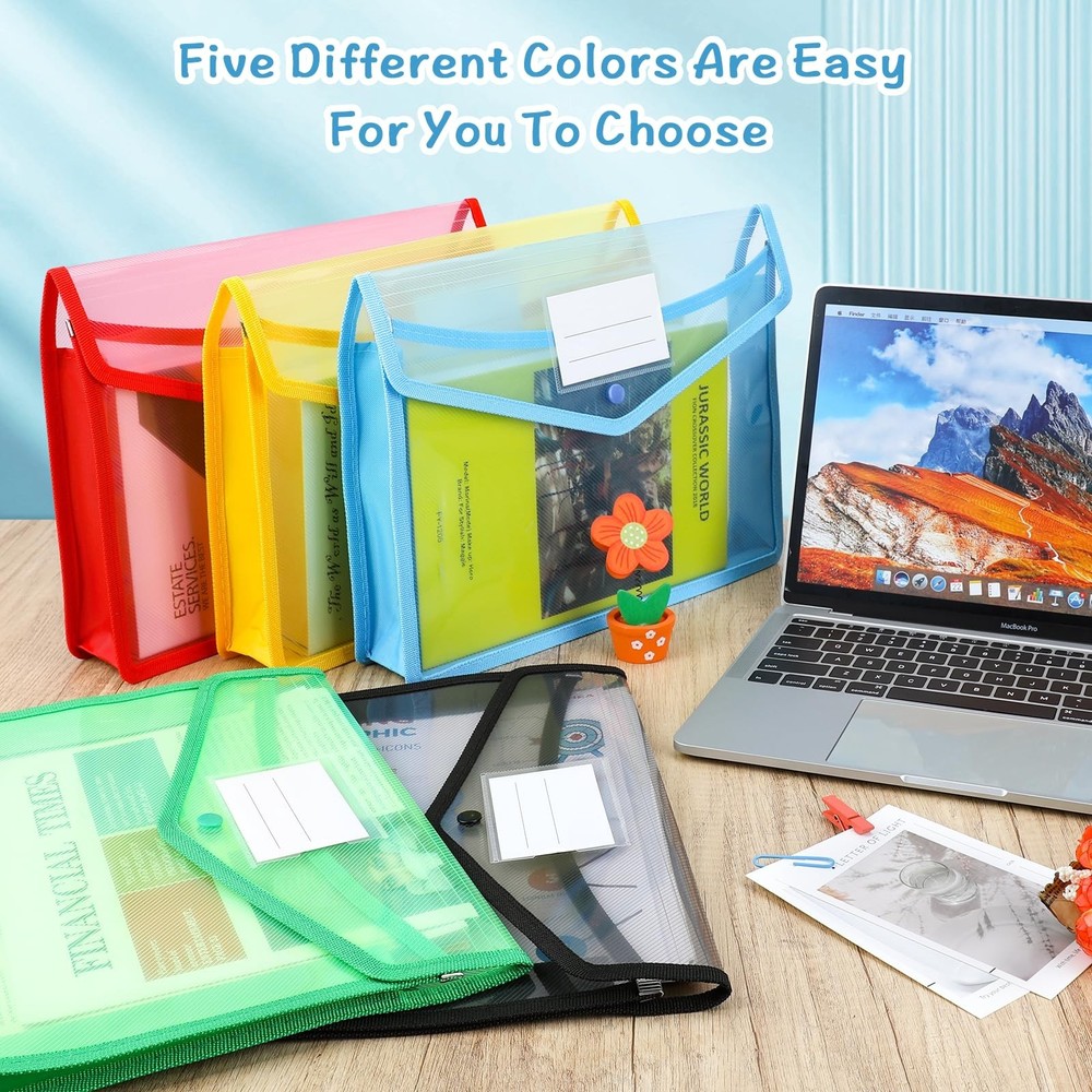 Umriox Plastic File Folders, 5 Pack A4 Poly Envelope Expanding File Wallet Do...