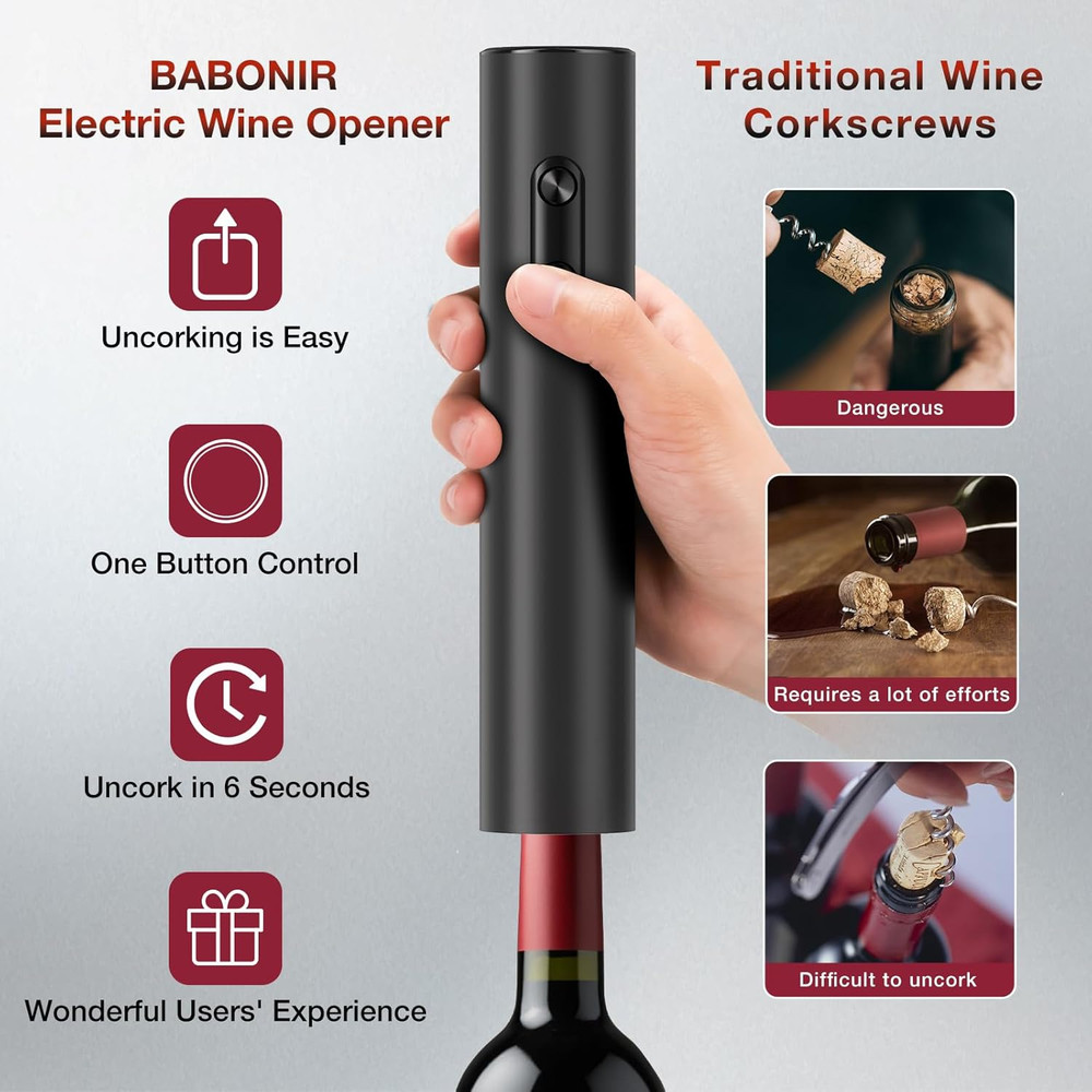 Electric Wine Opener, Automatic Corkscrew with Foil Cutter, One-Button Operation