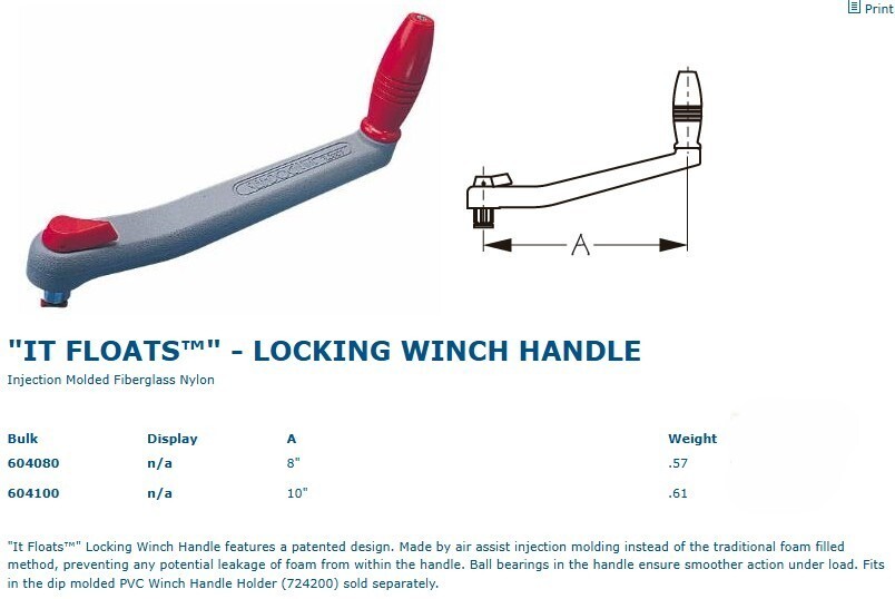 Sea-Dog "It Floats" Locking Winch Handle, 8", 604080
