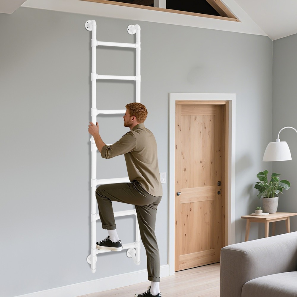 White Wall-Mounted Ladder for Attic Bunk Bed Multi-Functional 7-Step Ladder