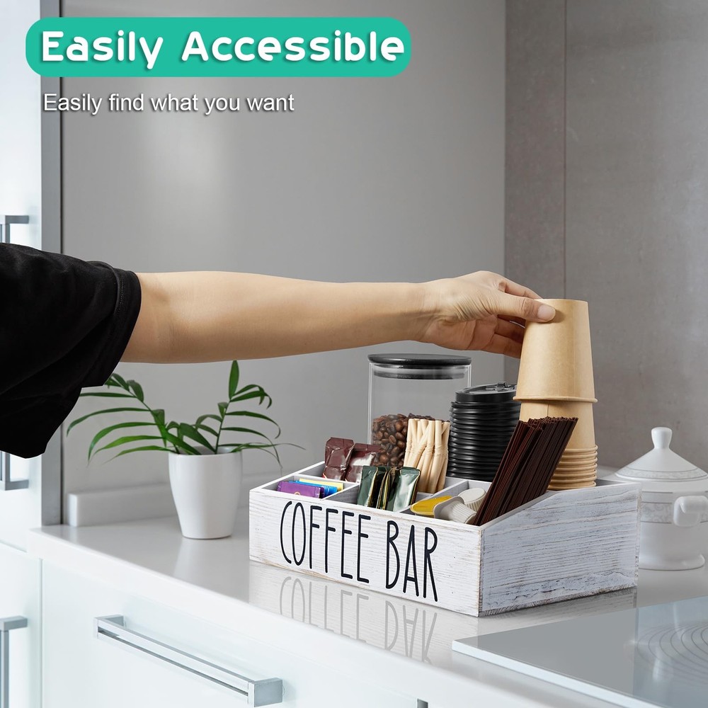 White Coffee Station Organizer Countertop 7 Compartment Rustic Bar Decor