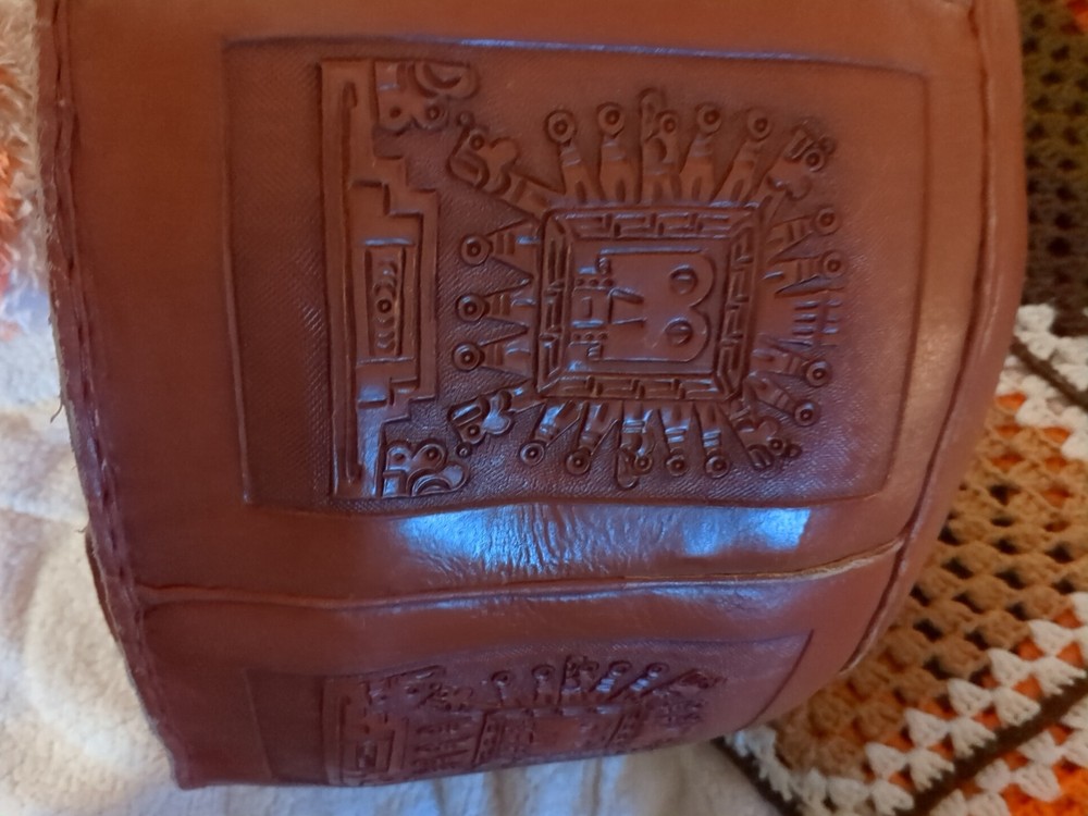 Carved Leather Peruvian Embossed Ottoman Large 10x20"" Incan Peruvian Pattern