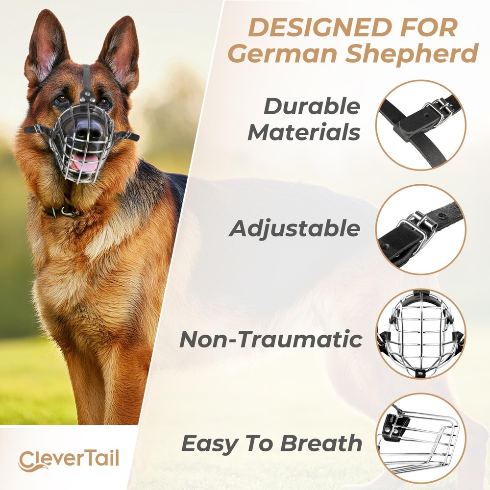 CleverTail German Shepherd Muzzle for Medium, Silver Wire & Black Straps