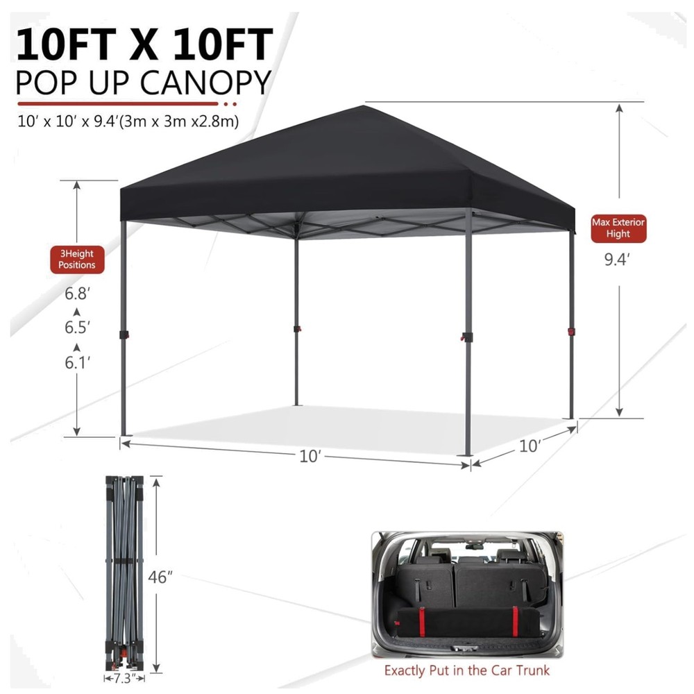 UV Protected Pop Up Canopy - Straight Leg Design, 100 Sq Ft