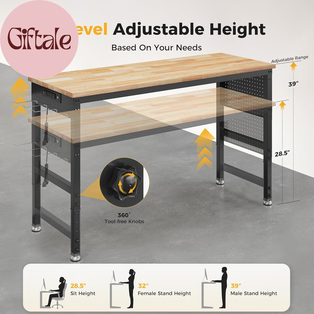 60" Adjustable Heavy Duty Workbench, 2000 LBS Load Capacity Rubber Wood Work Tab