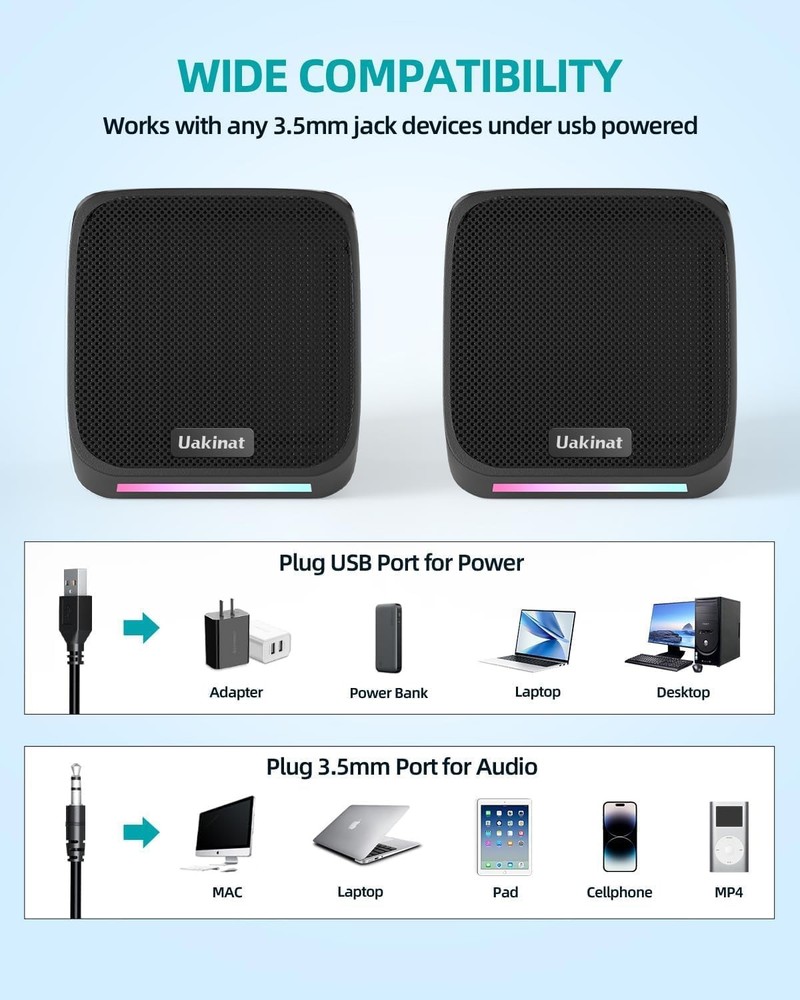 USB Powered Desktop Computer Speakers for PC Laptop Tablet Phone Compact 3.5mm A