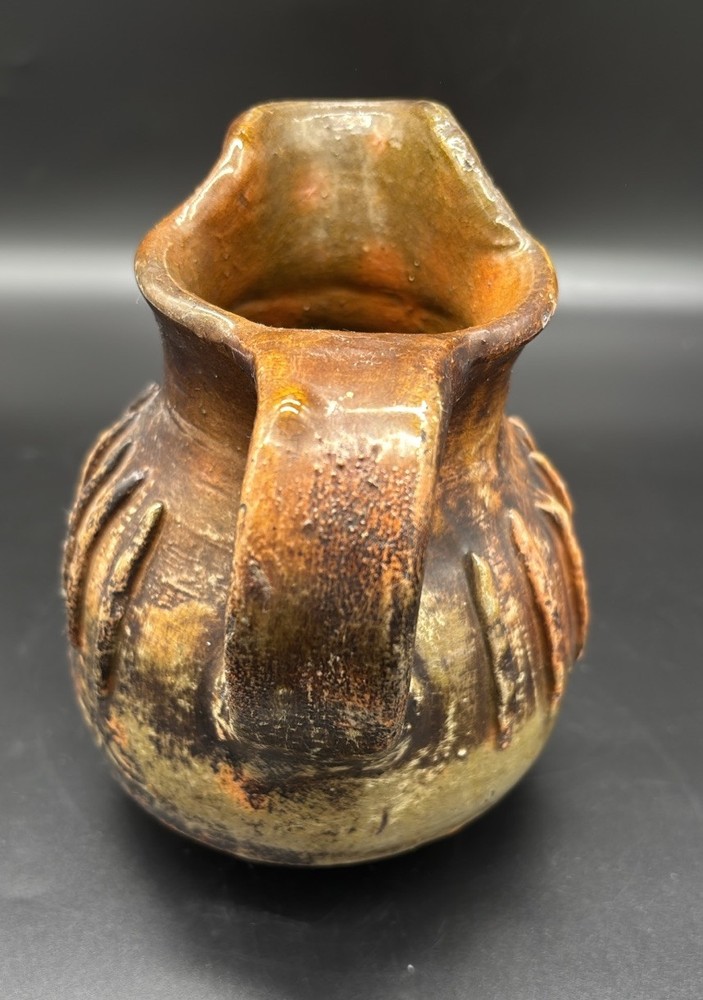 Rustic Primitive Glazed Pottery Small Jug Pitcher Raised Ridges 6”