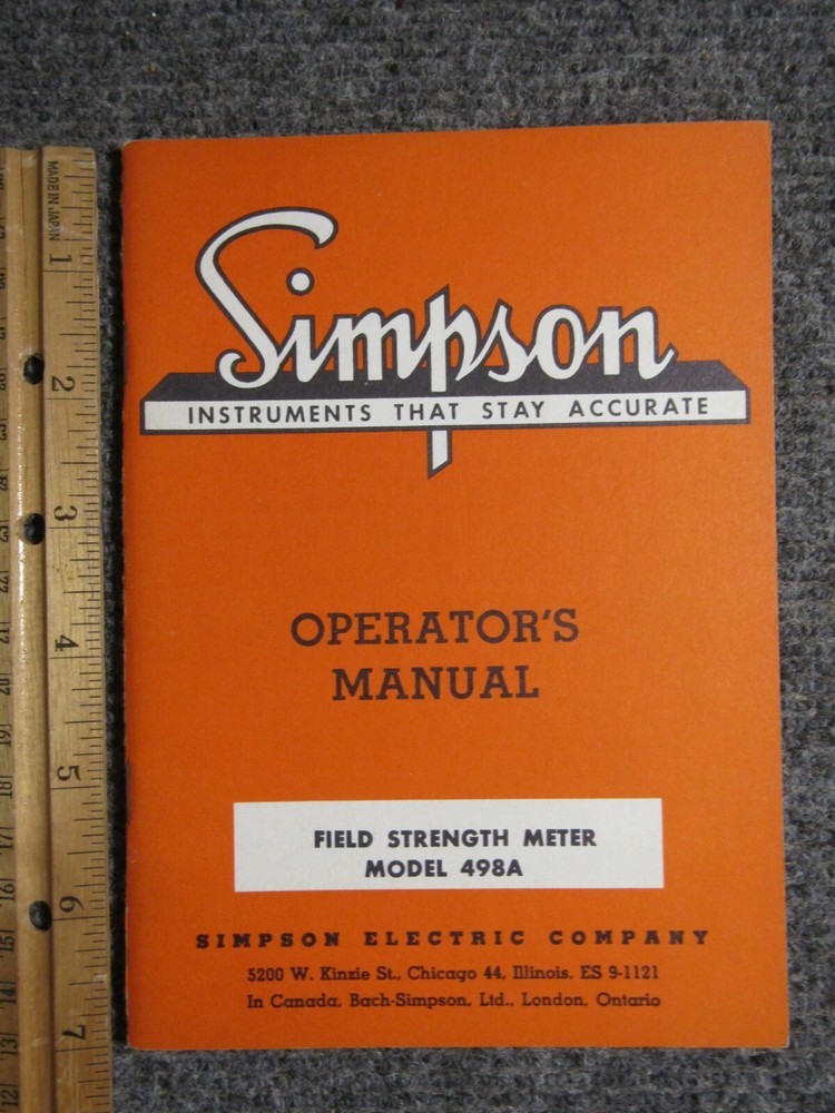 Simpson Field Strength Meter Model 498A Operator's Manual ~ c. 1958 ~ Original