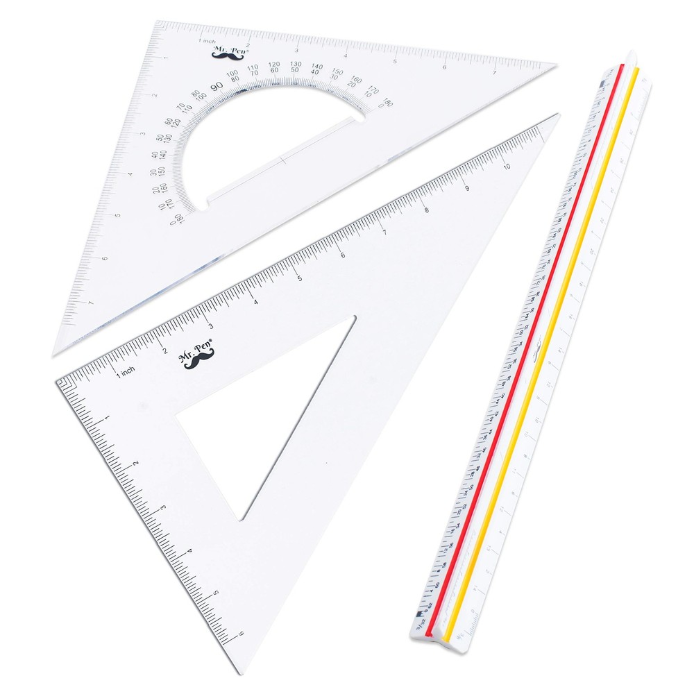 Mr. Pen Architectural Triangular Ruler Set with 12 Inch Clear