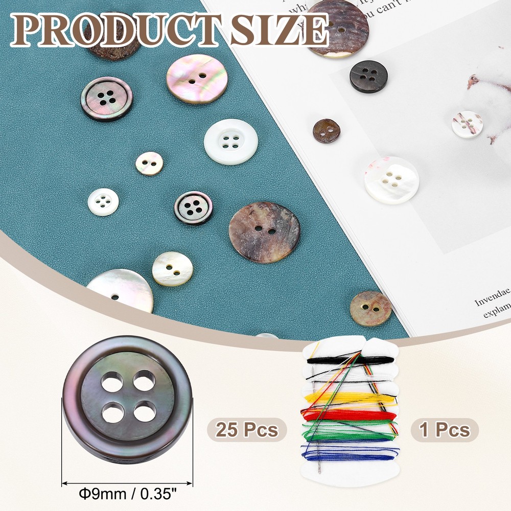 25Pcs 4 Hole 9mm Natural Shell Button with Sewing Thread Kit, Black