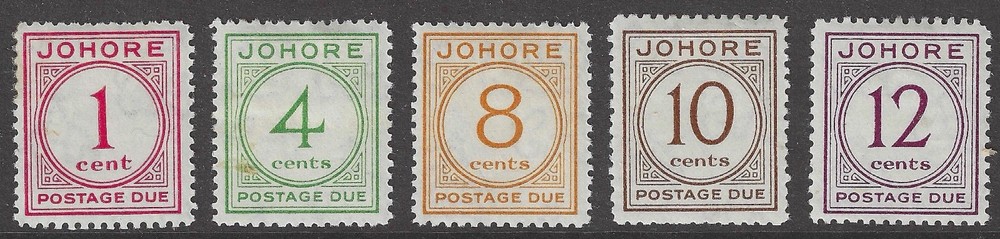 SG D1-D5 Johore 1938. 1c-12c. Fine mounted mint. CAT £200