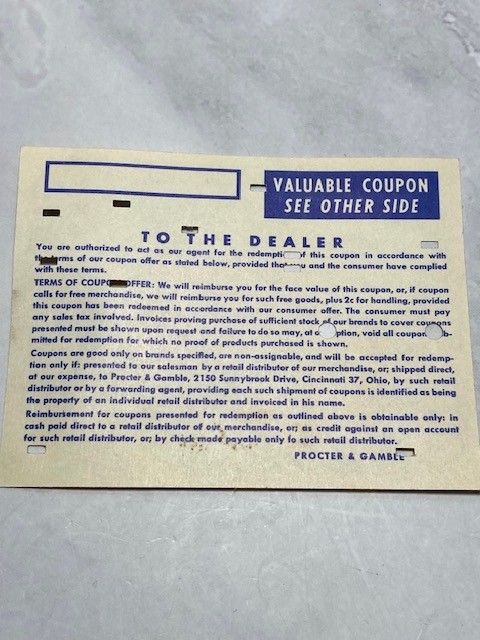 Procter & Gamble Grocery Store Coupons Key Punch Code Vintage 1960's