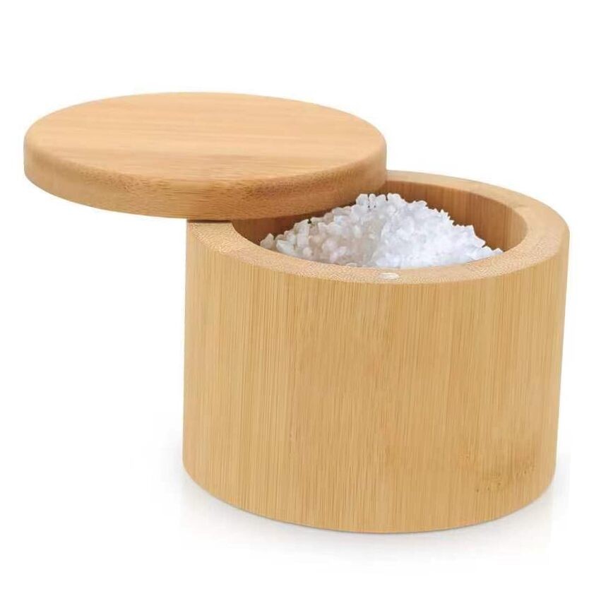 Salt Cellar, Bamboo Salt Container with Lid, Solid Salt Box Holder with 360°