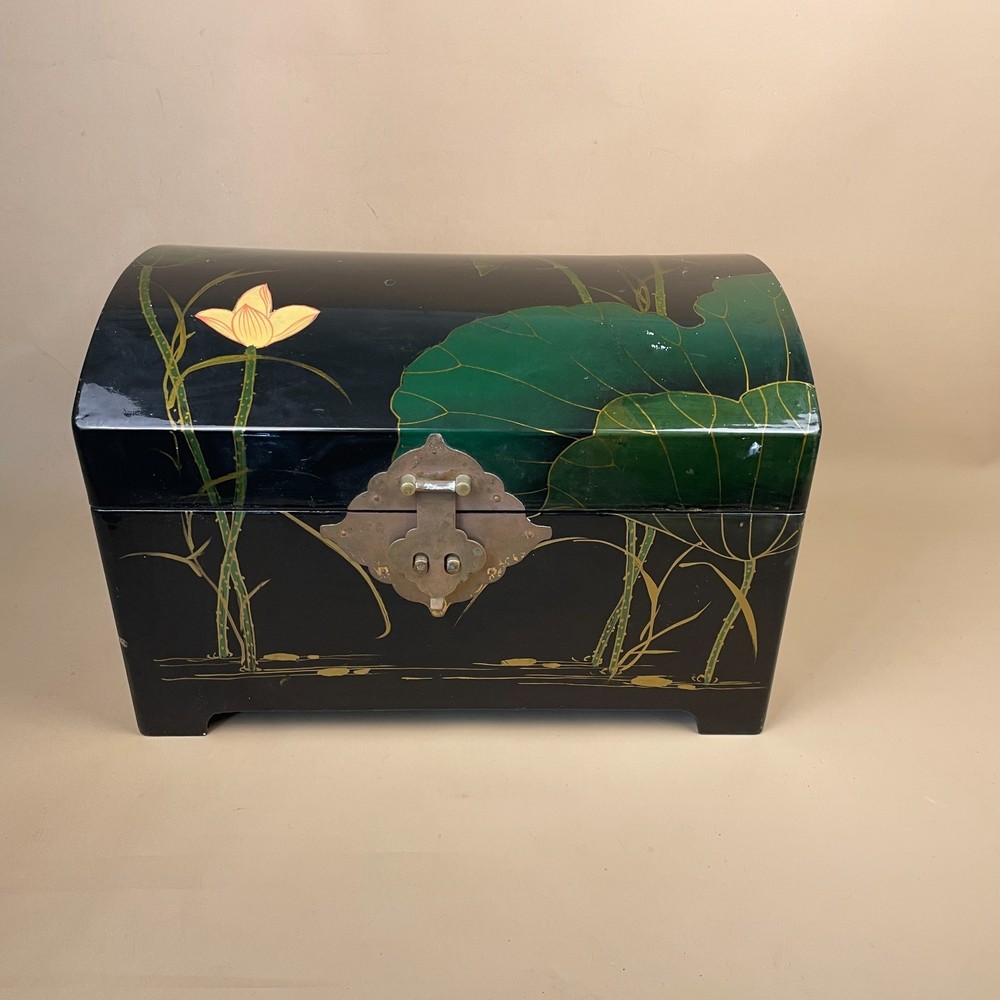 Oriental Black Lacquer Wooden Box Rectangular Trinket Jewellery Keepsake Chest