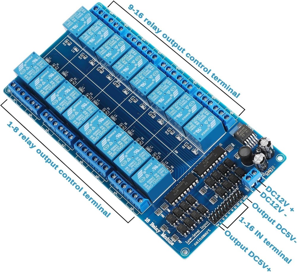 Automated 16-Channel Relay Board - 12V High-Current Solution for DIY Projects