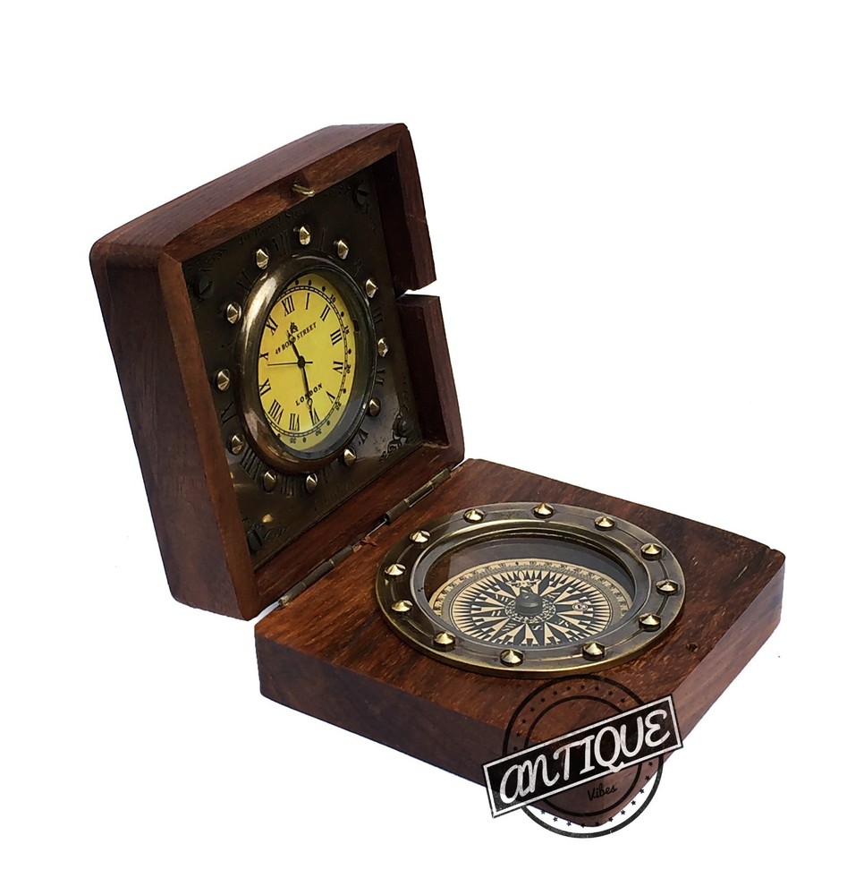 Victorian Look Table Clock with Compass, Wood Box, Brown Clock Shelf Desk Decor.
