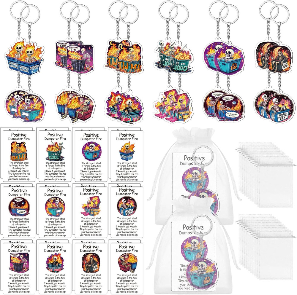 24 Set Dumpster Fire Gifts Skull Dumpster Fire Keychains Bulk Positive Funny Emp