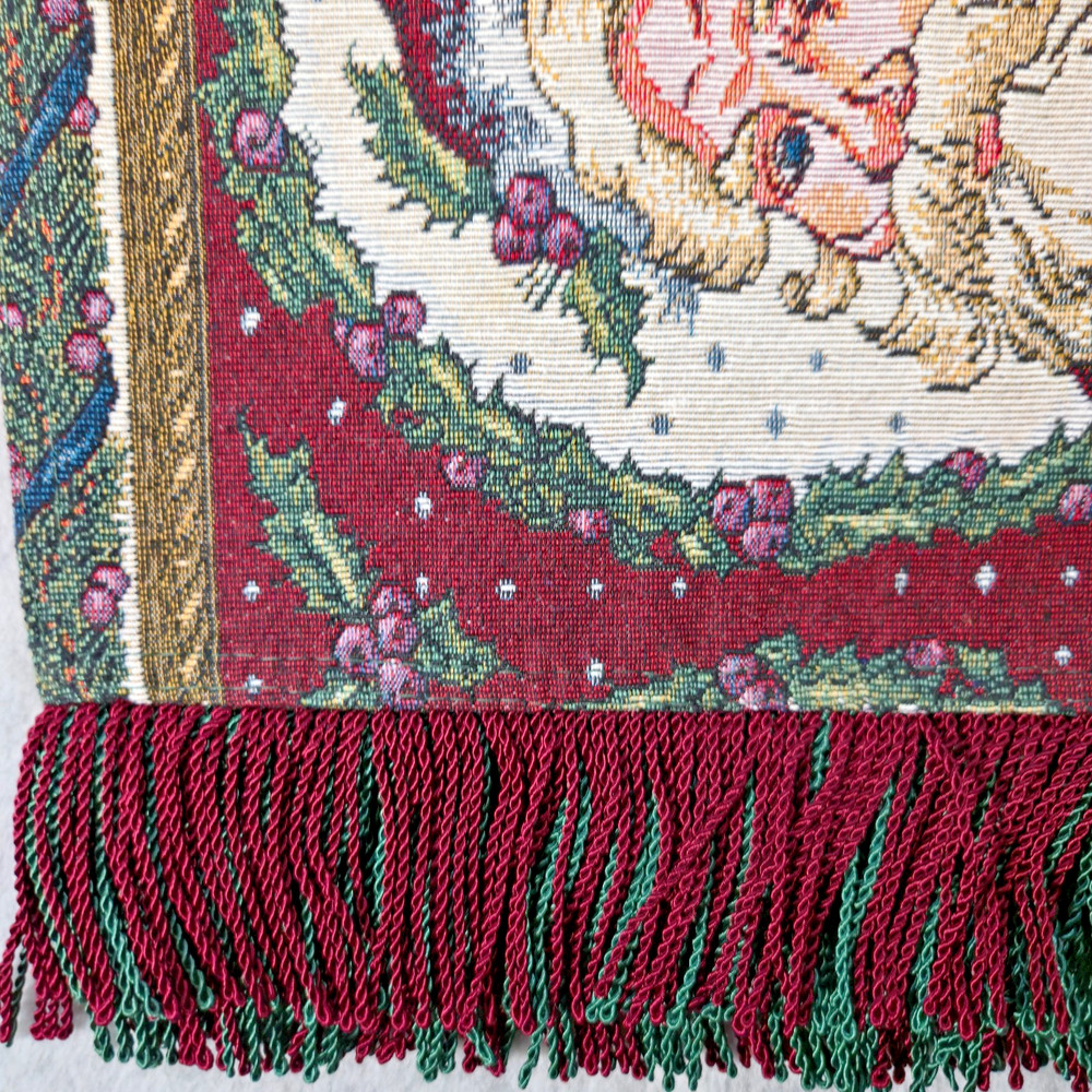 Tapestry Woven Santa Claus Face Table Runner Fringed EUC