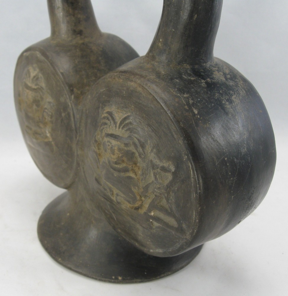 Chimu Blackware Stirrup Bottle with Double Chamber, Inca Influence, Frogs