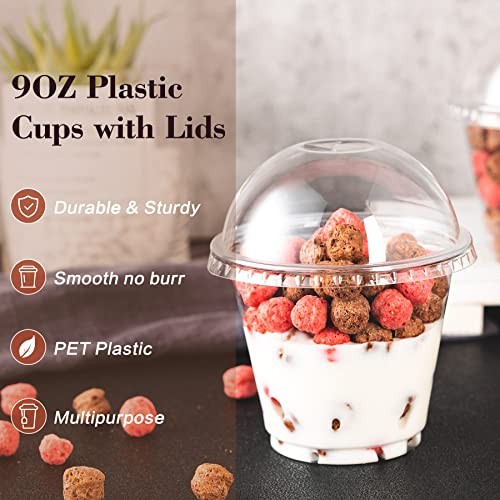 200Pack 9oz Clear Plastic Cups with Dome Lids, Dessert Cups with Lids,