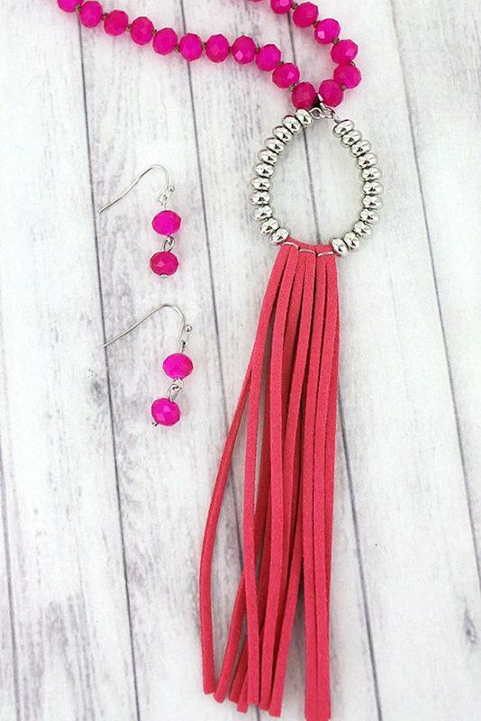Fuchsia & Silvertone Teadrop Tassel Beaded Necklace Set