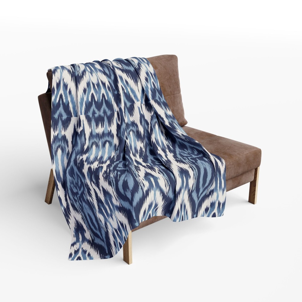 Blue and White Ikat Pattern, Cozy Arctic Fleece Blanket, Boho Couch Throw