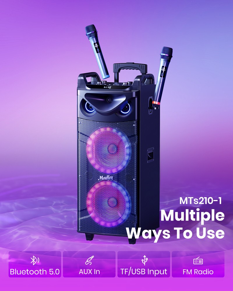 Moukey 280W Portable Speaker Bluetooth Sing Machine Double 10" Woofer PA System