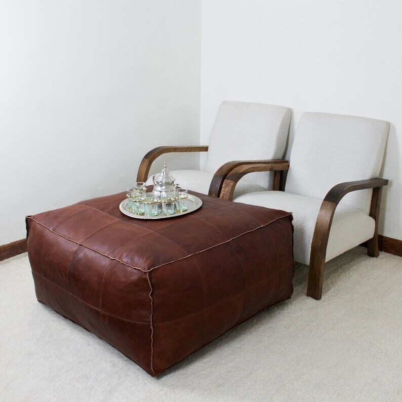 Moroccan Pouffe Leather Boho New Home Decore Unstuffed Square 30'' Brown Ottoman