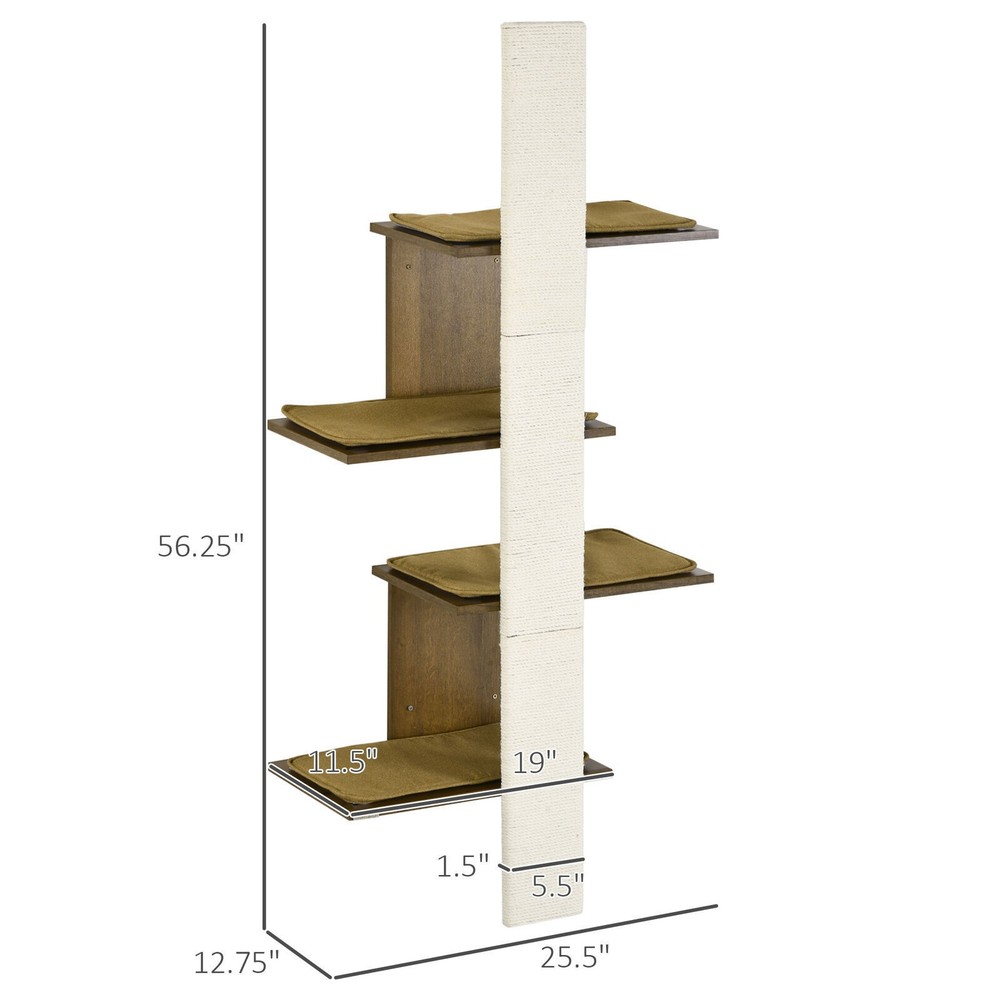 4-Layer Wall-Mounted Cat Tree with Scratching Board Cushions Natural