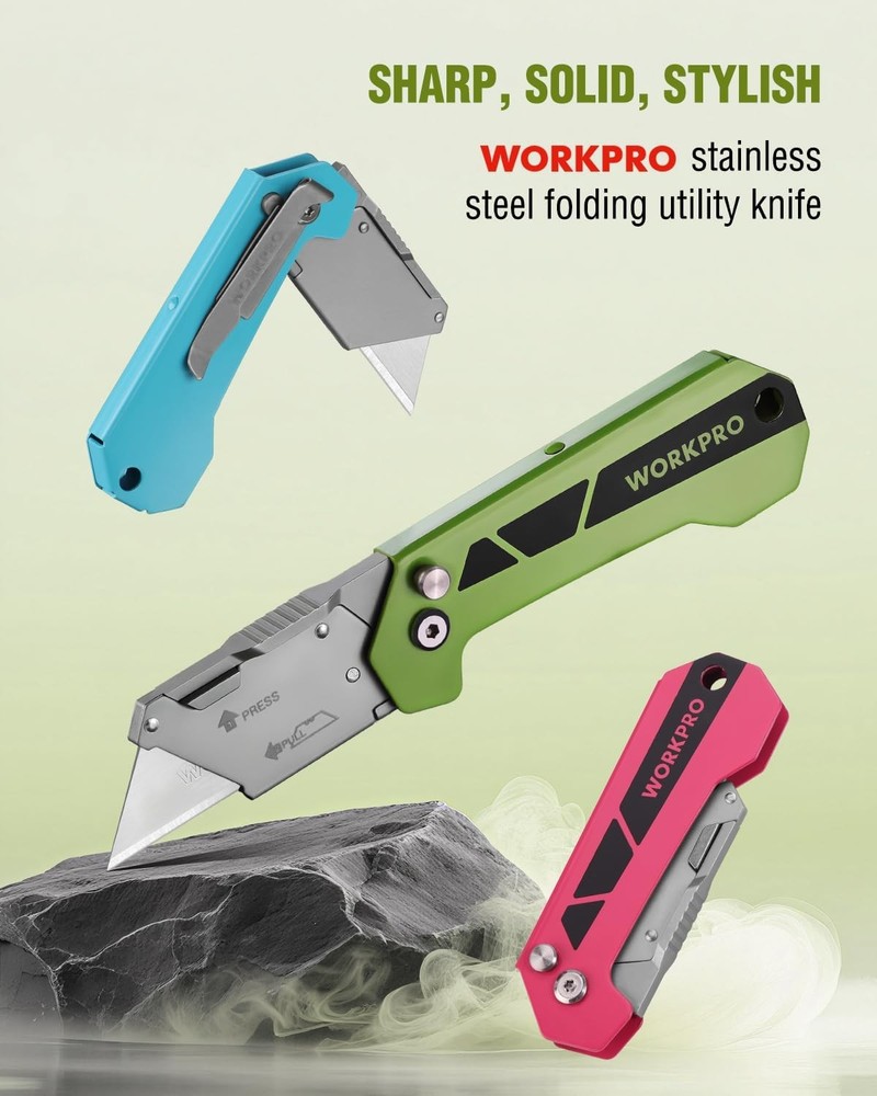 WORKPRO Pocket Folding Utility Knife Quick Change Axis Lock Box Cutter 10 Blades