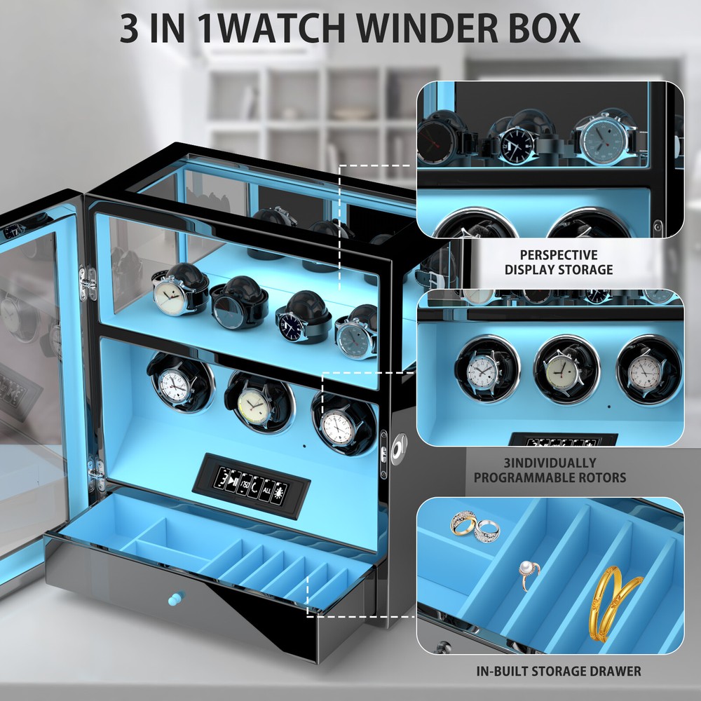 Fingerprint Automatic 3 Watch Winder with 4 Watches Storage LCD Remote Control