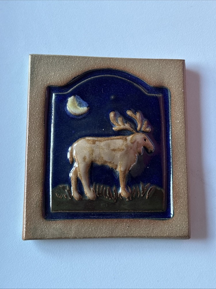 ~Moose Crescent Moon ~ Tile Handmade Stoneware 4”x3.75 “