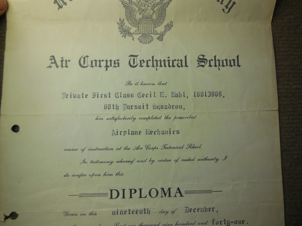 WWII 1941 USAAC Technical School Training Certificate 68th Pursuit Squadron