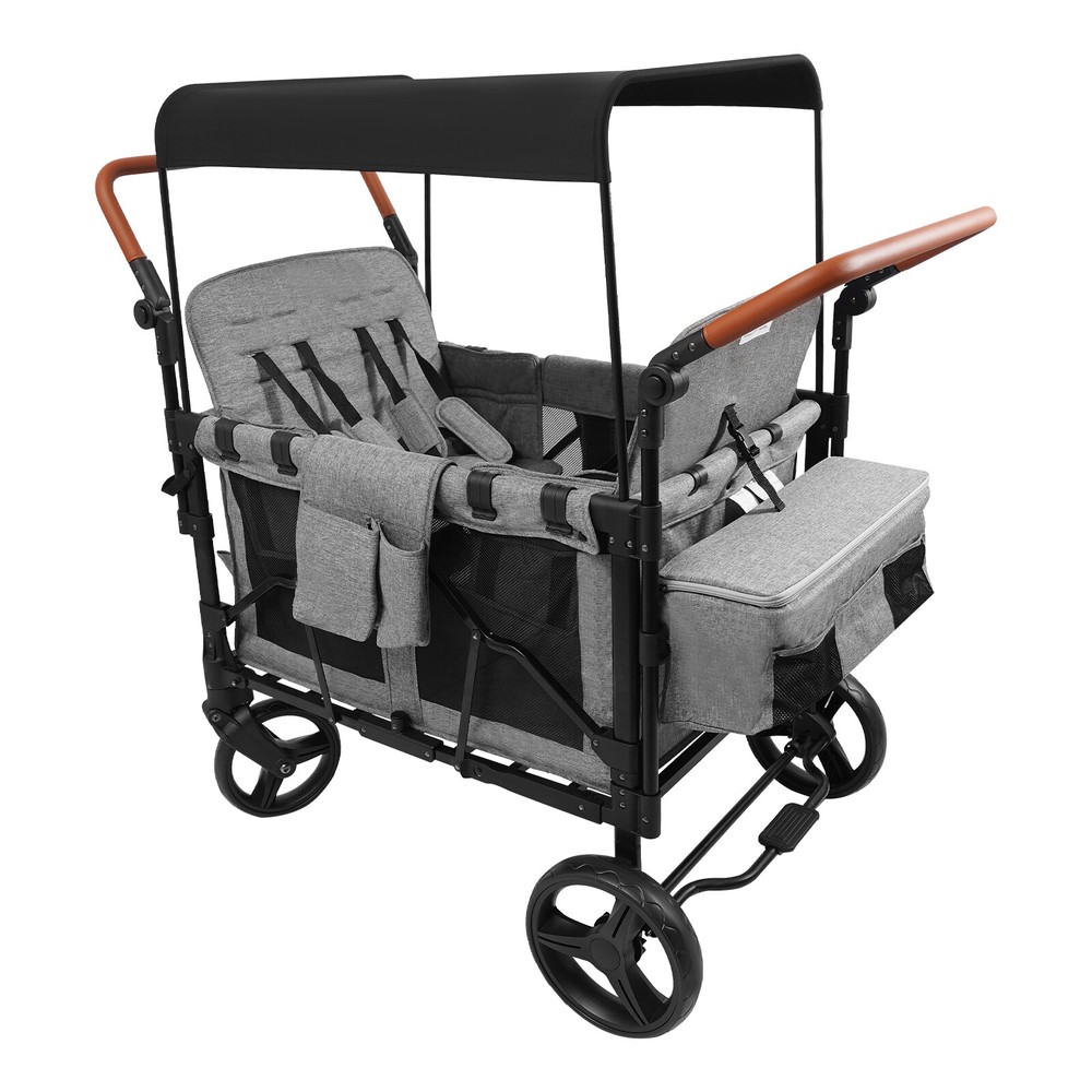 Wagon Stroller Push Pull Collapsible with Canopy for 4 Kids 0-6 Years Grey Black