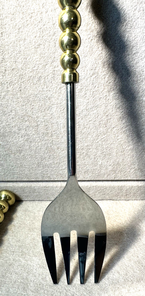 Brass Handle Salad Serving Set Fork & Spoon 11 .5"